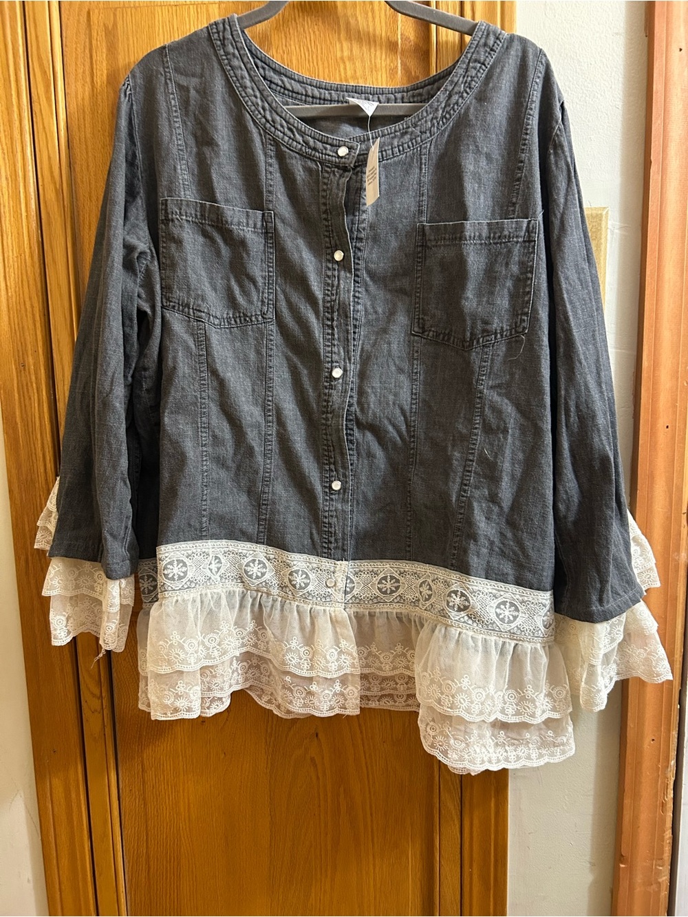Denim Peasant Blouse with Lace Ruffle Hem & Sleeves.